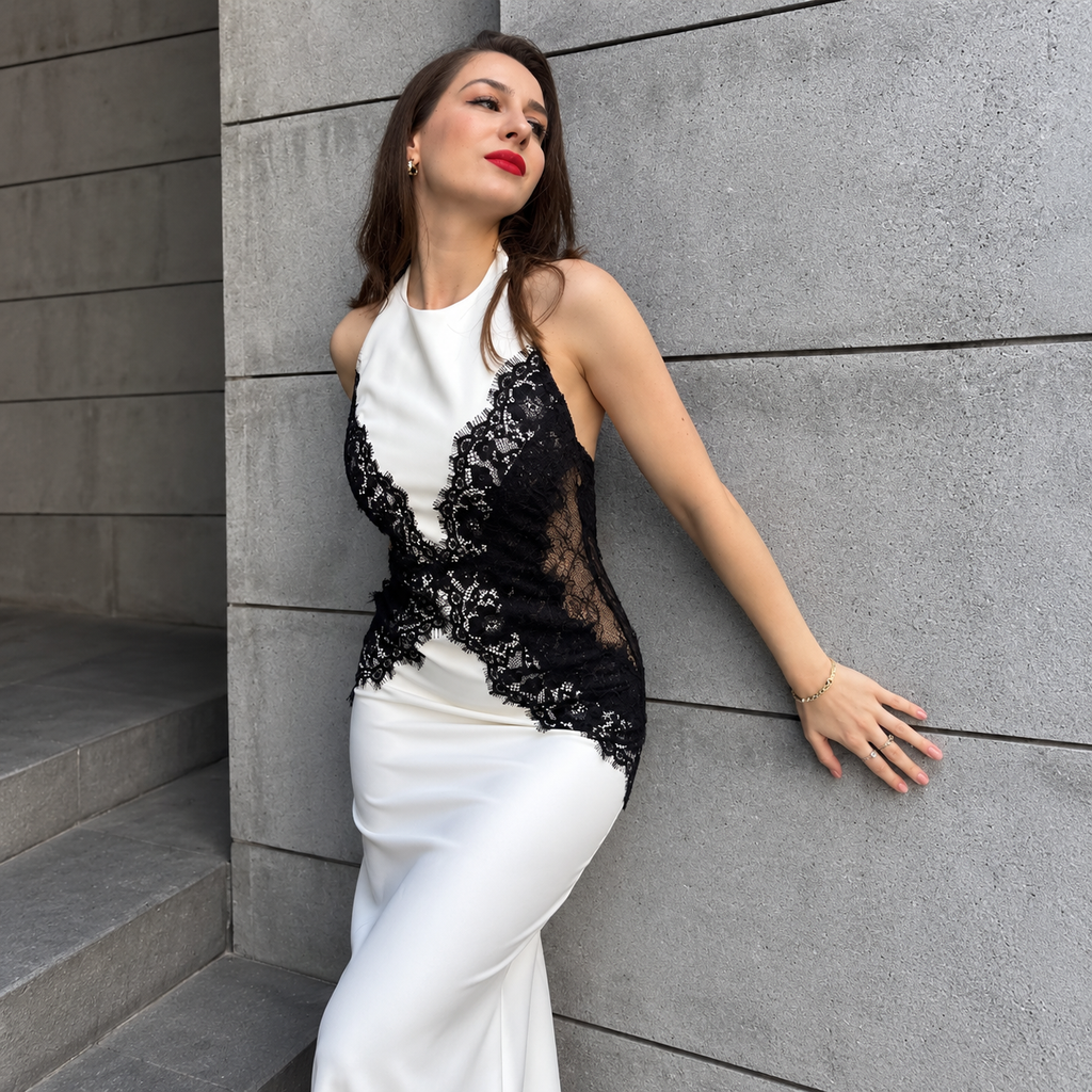 Ébano - Vestido Largo de Encaje con Escote Halter