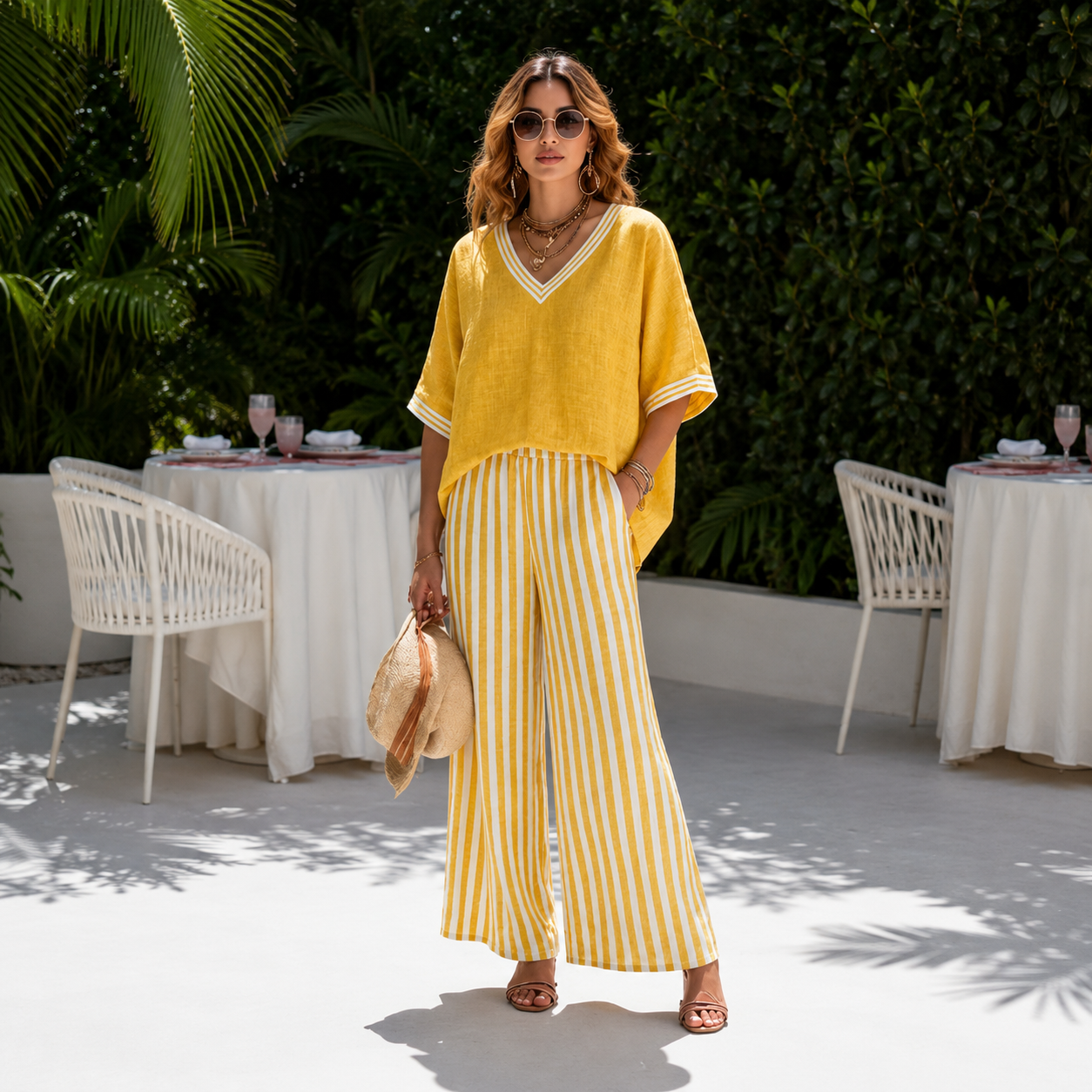 Capri - Conjunto de Top y Pantalón Ancho de Rayas