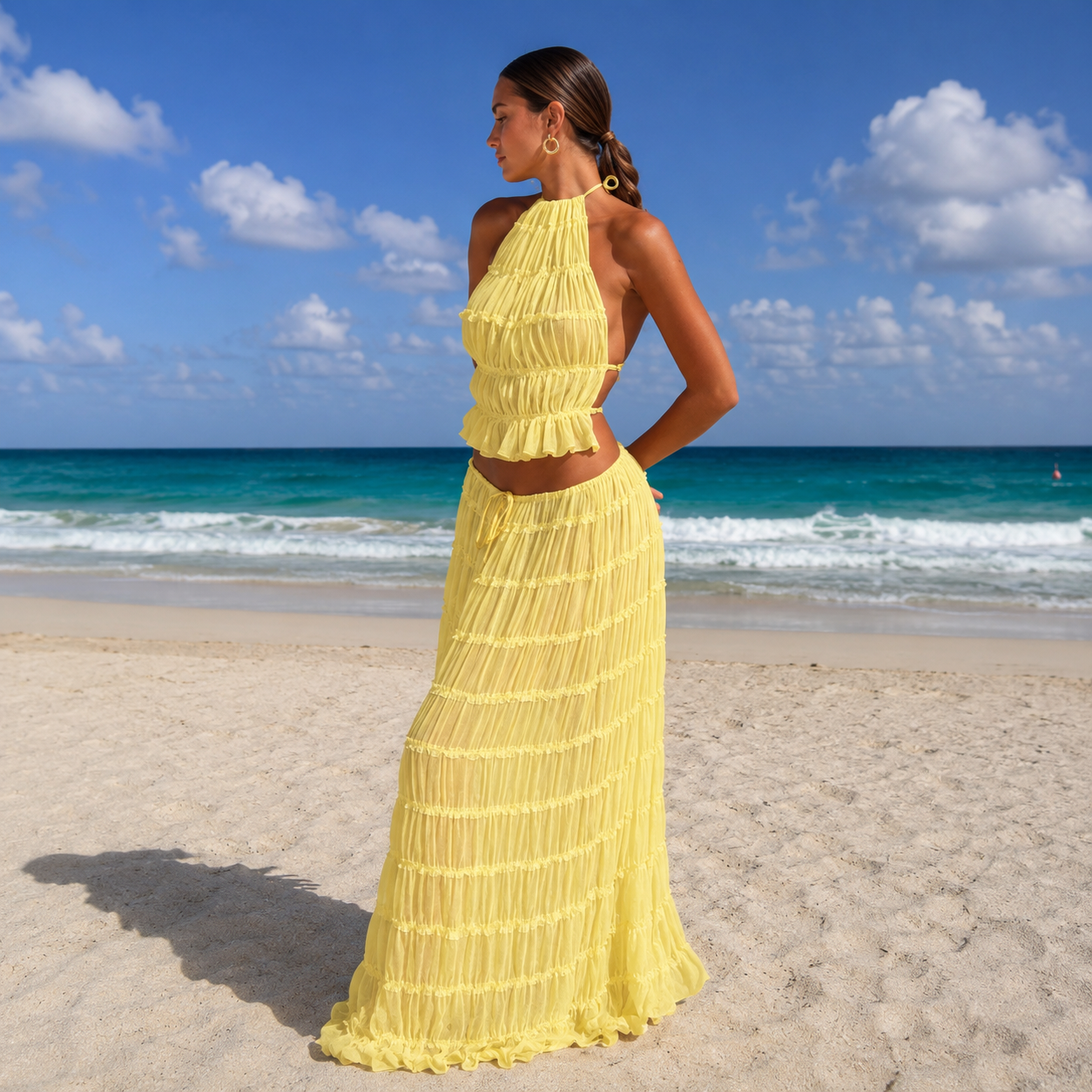 Ocean - Conjunto de Top Halter y Falda Larga Plisada