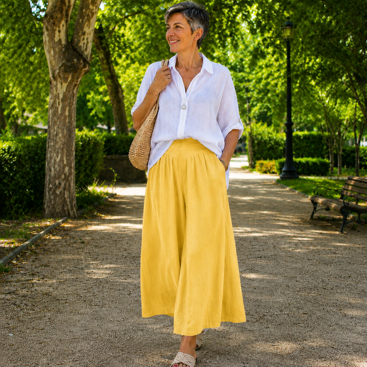 Palazzo - Pantalón Culotte Ancho de Lino con Cintura Alta