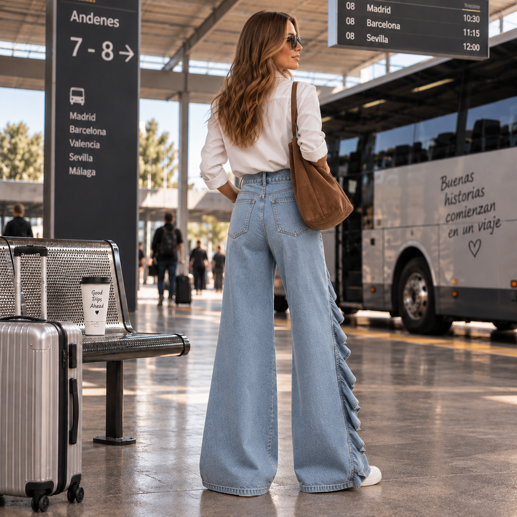 Liora - Pantalón Vaquero de Pierna Ancha con Volante
