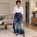 Mireia - Pantalón Ancho Efecto Denim con Detalle Asimétrico