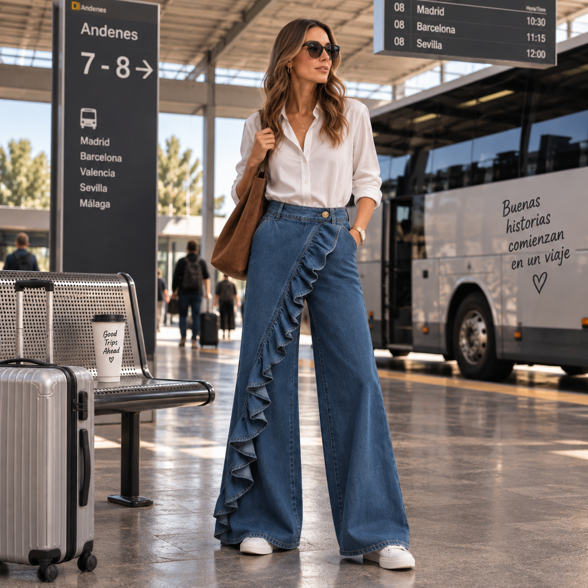 Liora - Pantalón Vaquero de Pierna Ancha con Volante