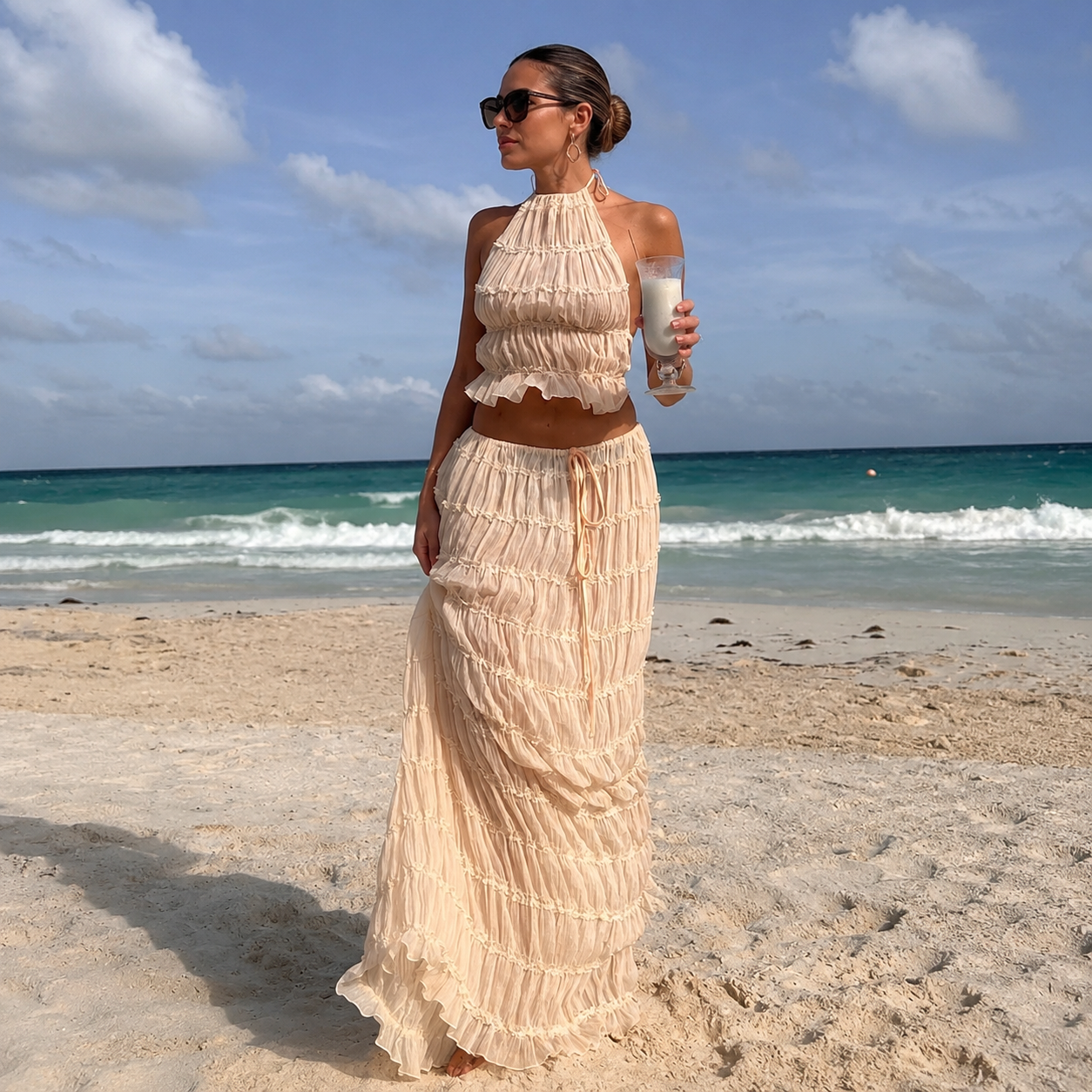 Ocean - Conjunto de Top Halter y Falda Larga Plisada