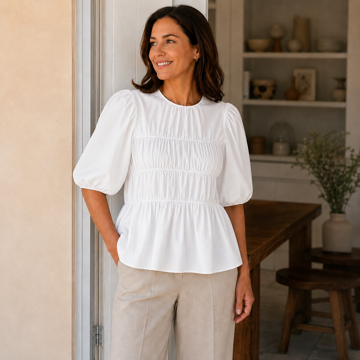 Colette - Blusa Holgada con Volantes y Cuello Redondo