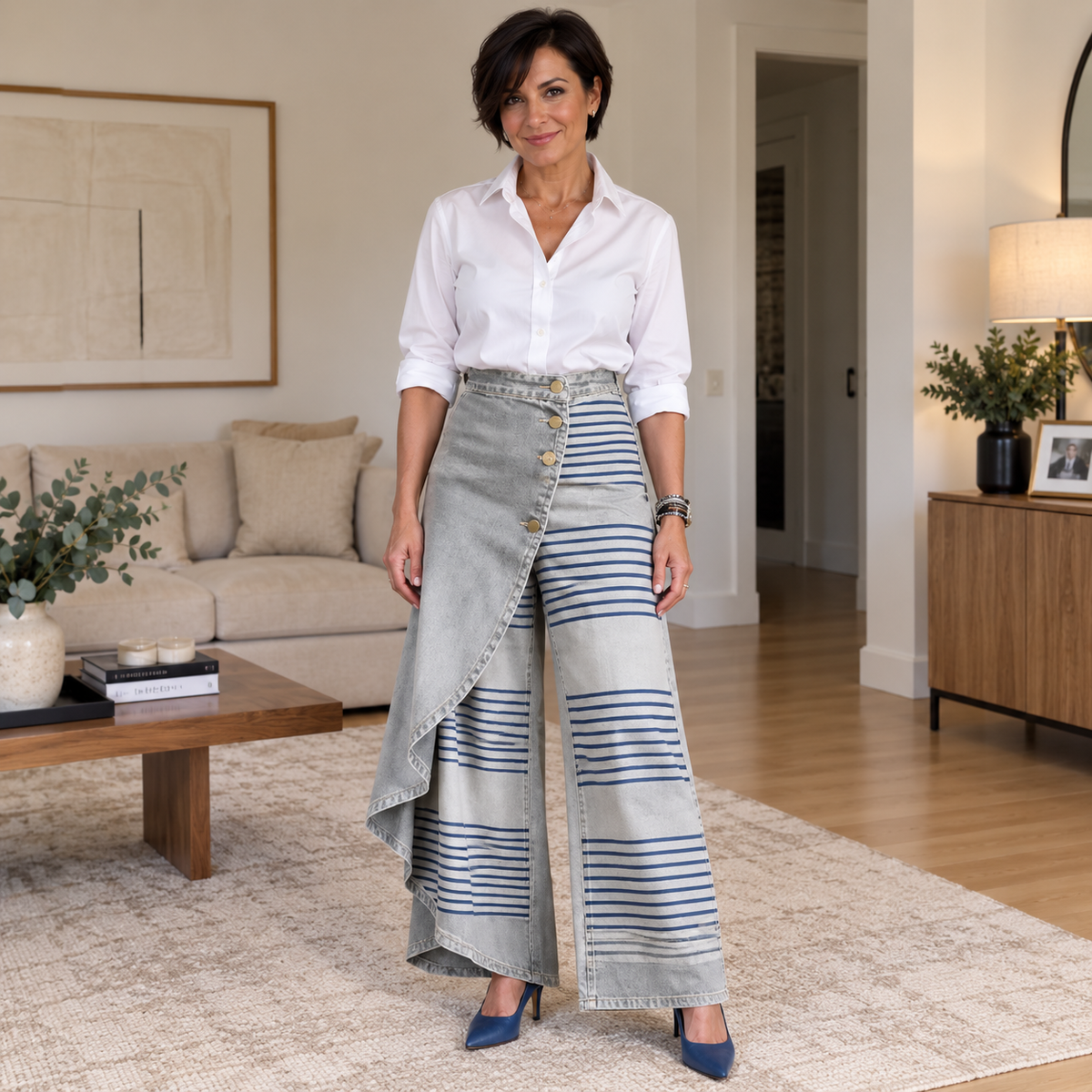 Mireia - Pantalón Ancho Efecto Denim con Detalle Asimétrico