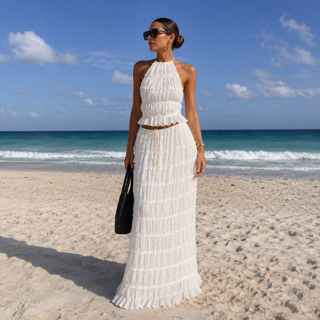 Ocean - Conjunto de Top Halter y Falda Larga Plisada