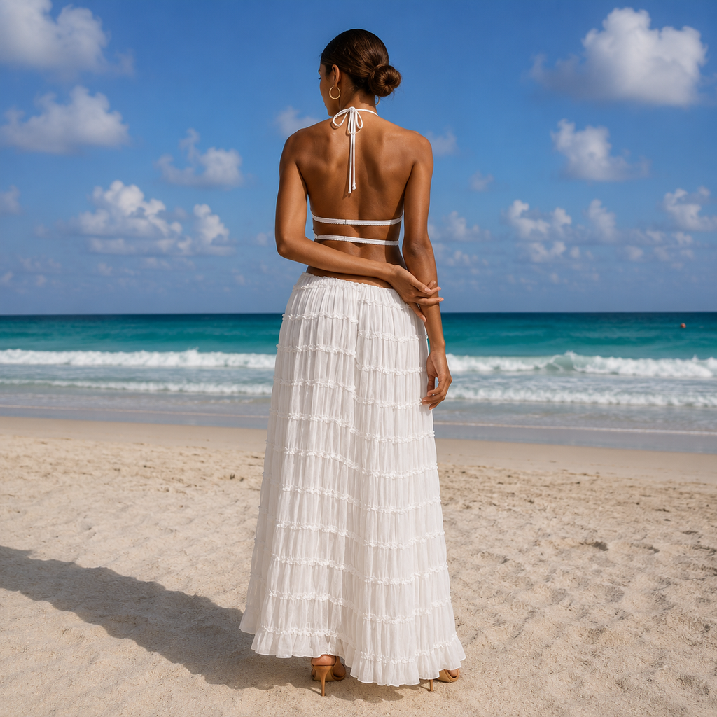 Ocean - Conjunto de Top Halter y Falda Larga Plisada