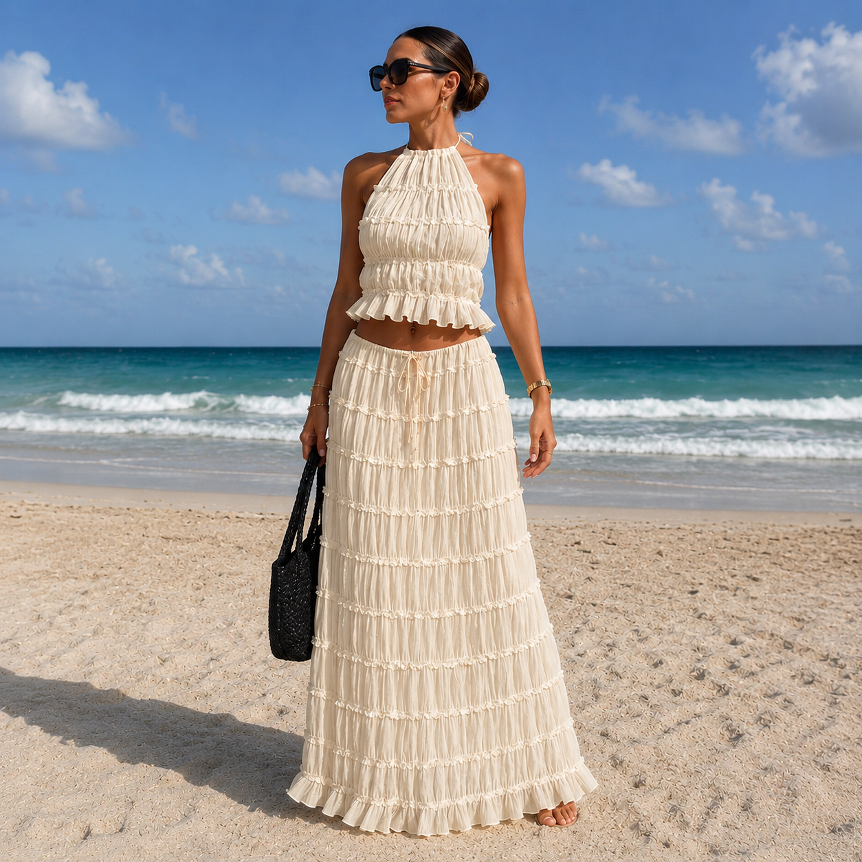 Ocean - Conjunto de Top Halter y Falda Larga Plisada