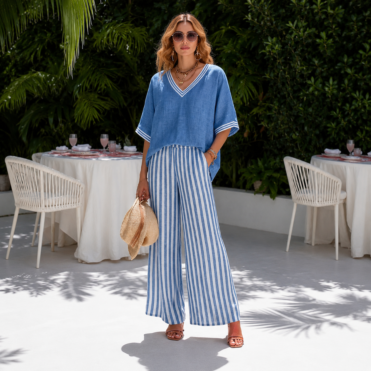 Capri - Conjunto de Top y Pantalón Ancho de Rayas