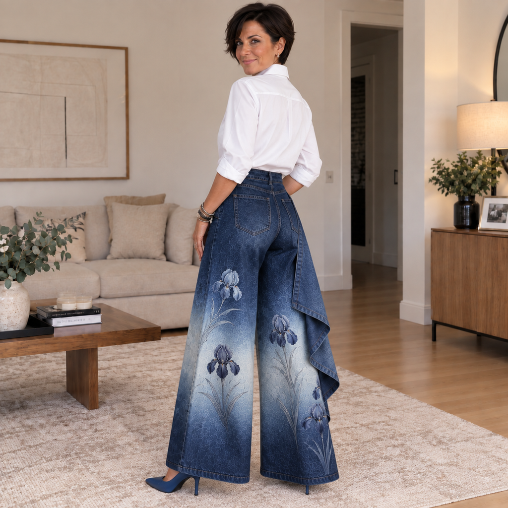 Mireia - Pantalón Ancho Efecto Denim con Detalle Asimétrico
