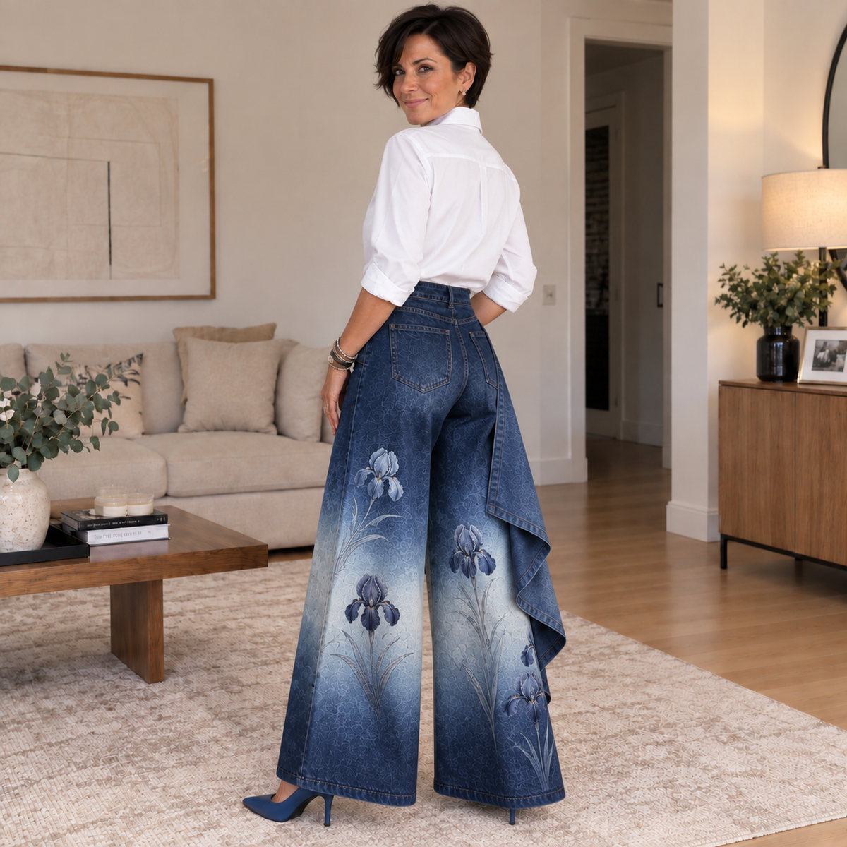 Mireia - Pantalón Ancho Efecto Denim con Detalle Asimétrico
