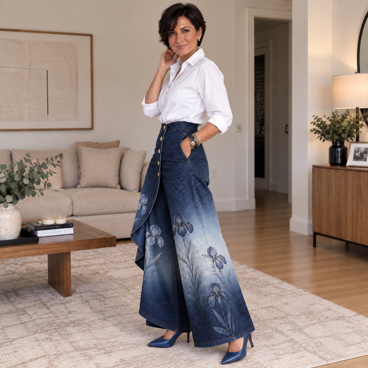 Mireia - Pantalón Ancho Efecto Denim con Detalle Asimétrico
