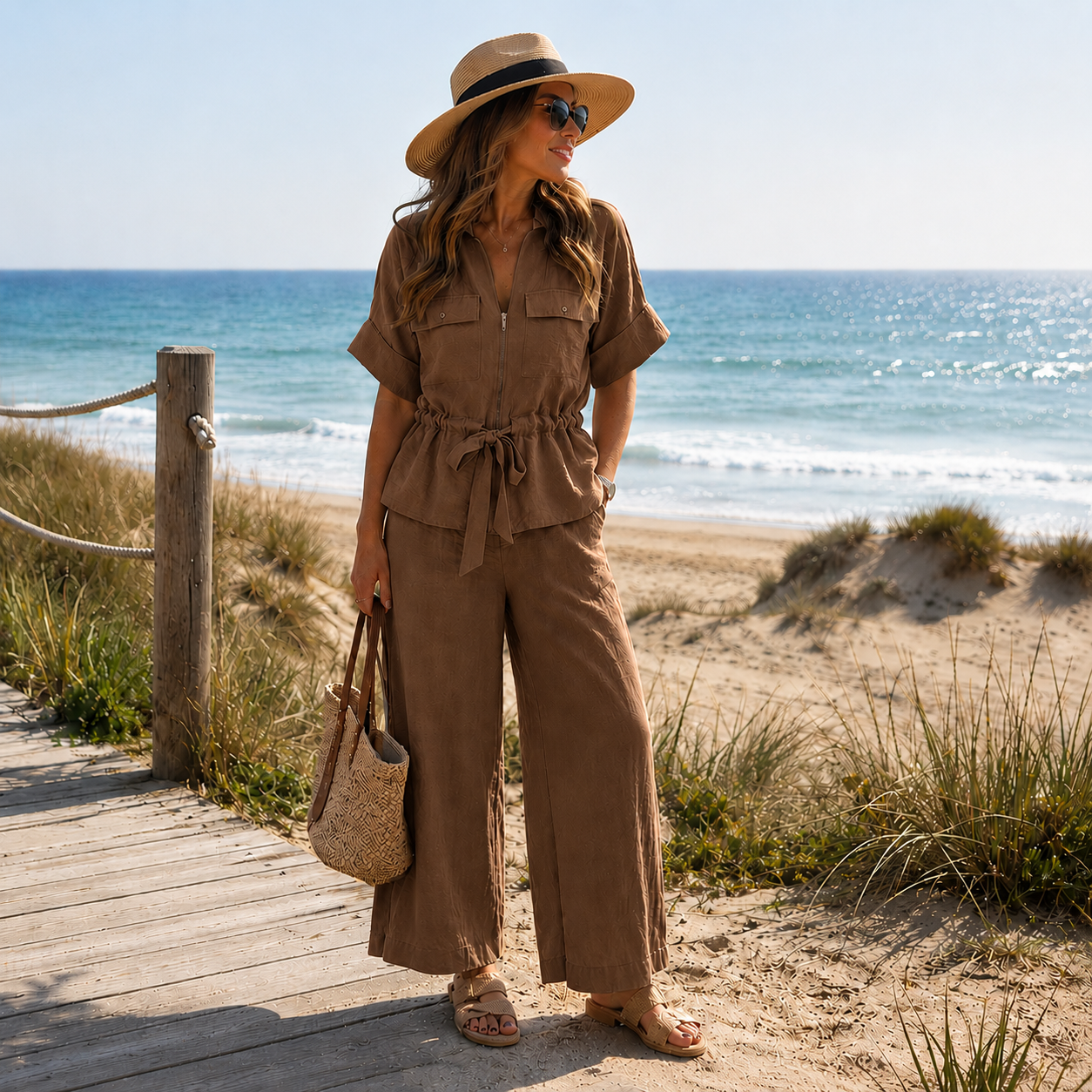 Toscana - Conjunto de Blusa con Lazo y Pantalón Ancho de Lino