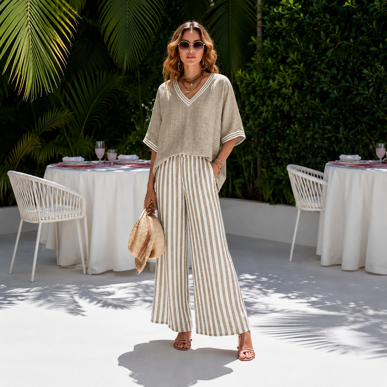 Capri - Conjunto de Top y Pantalón Ancho de Rayas