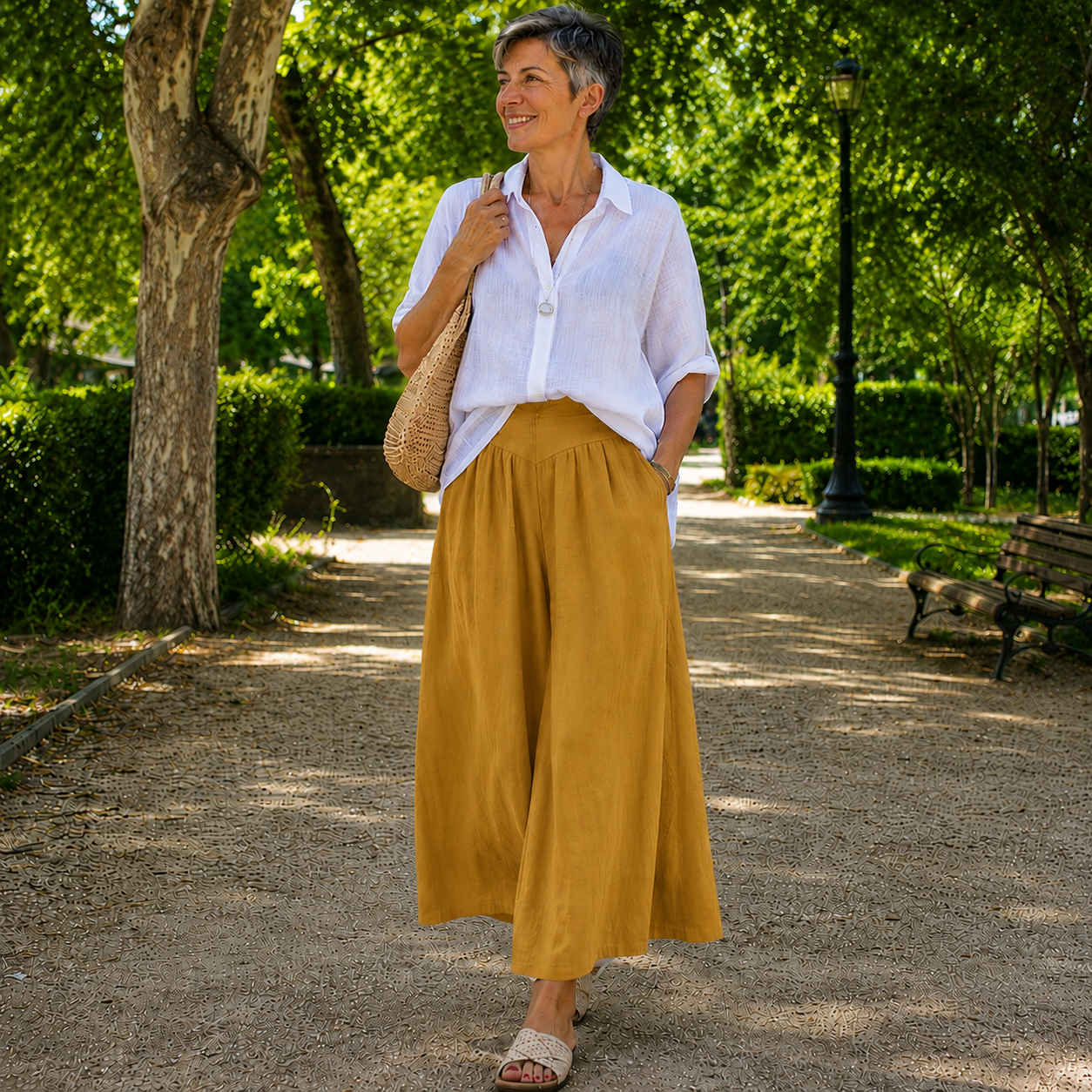 Palazzo - Pantalón Culotte Ancho de Lino con Cintura Alta