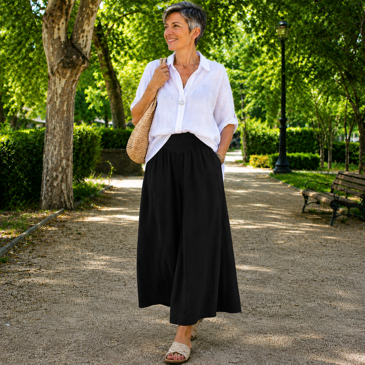 Palazzo - Pantalón Culotte Ancho de Lino con Cintura Alta