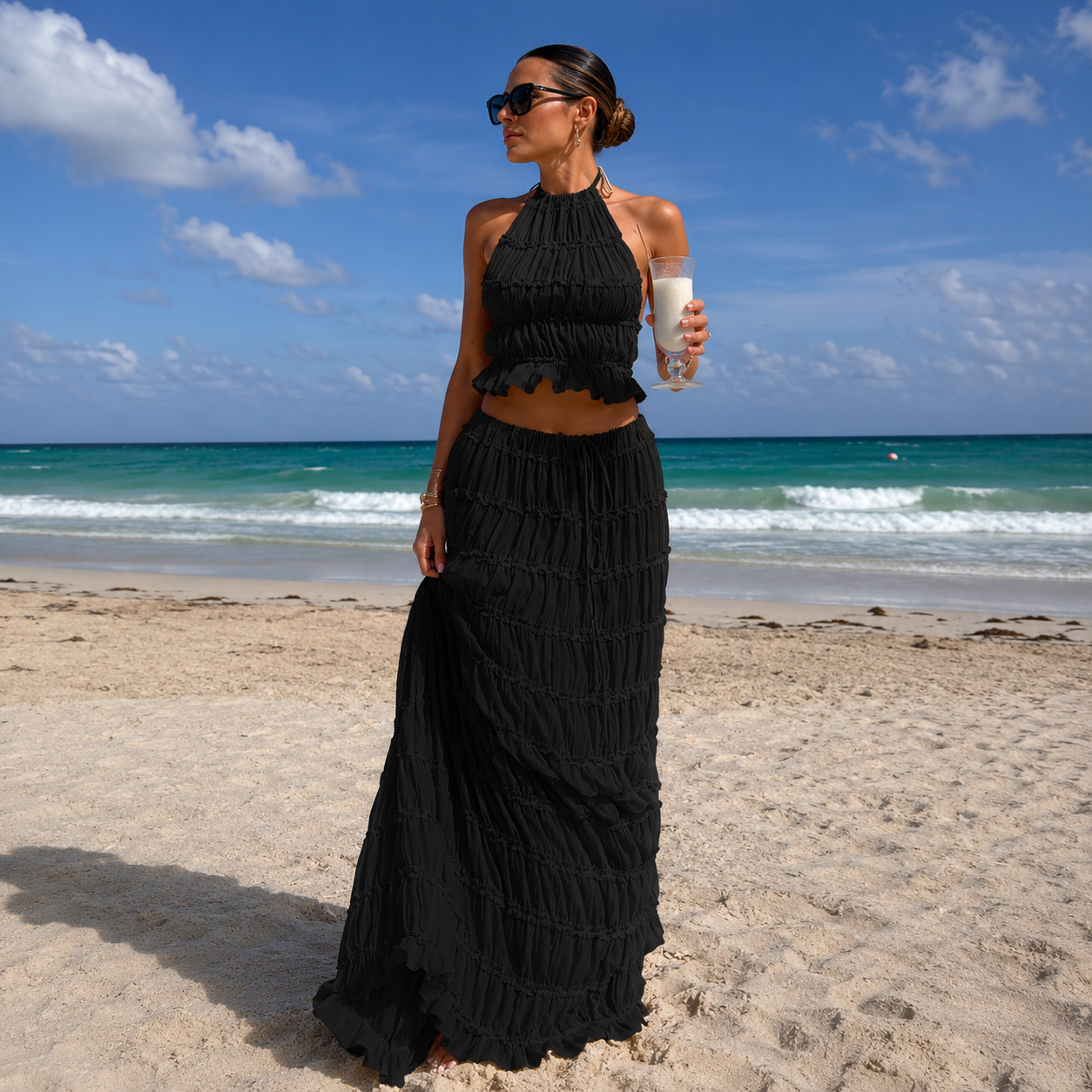 Ocean - Conjunto de Top Halter y Falda Larga Plisada