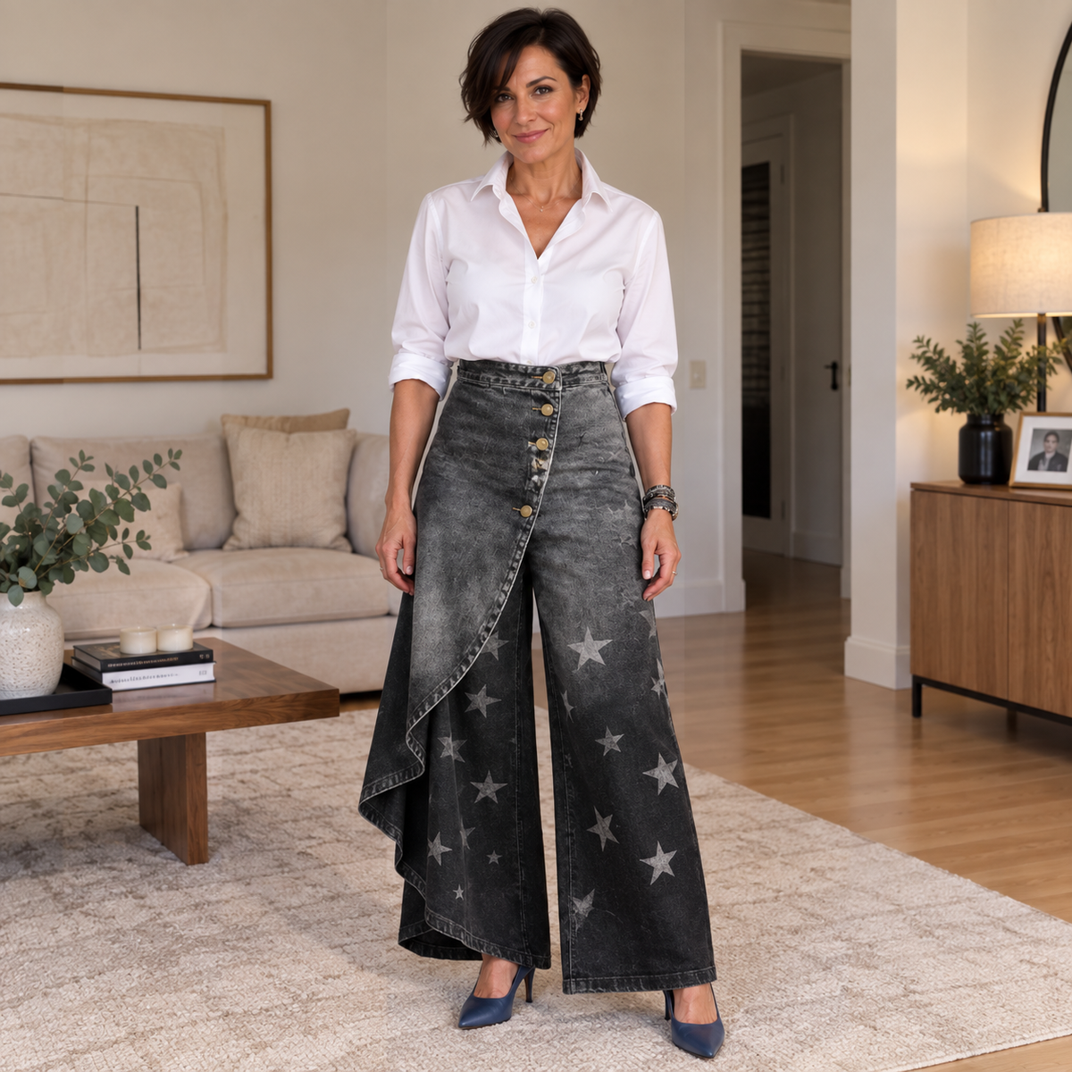 Mireia - Pantalón Ancho Efecto Denim con Detalle Asimétrico