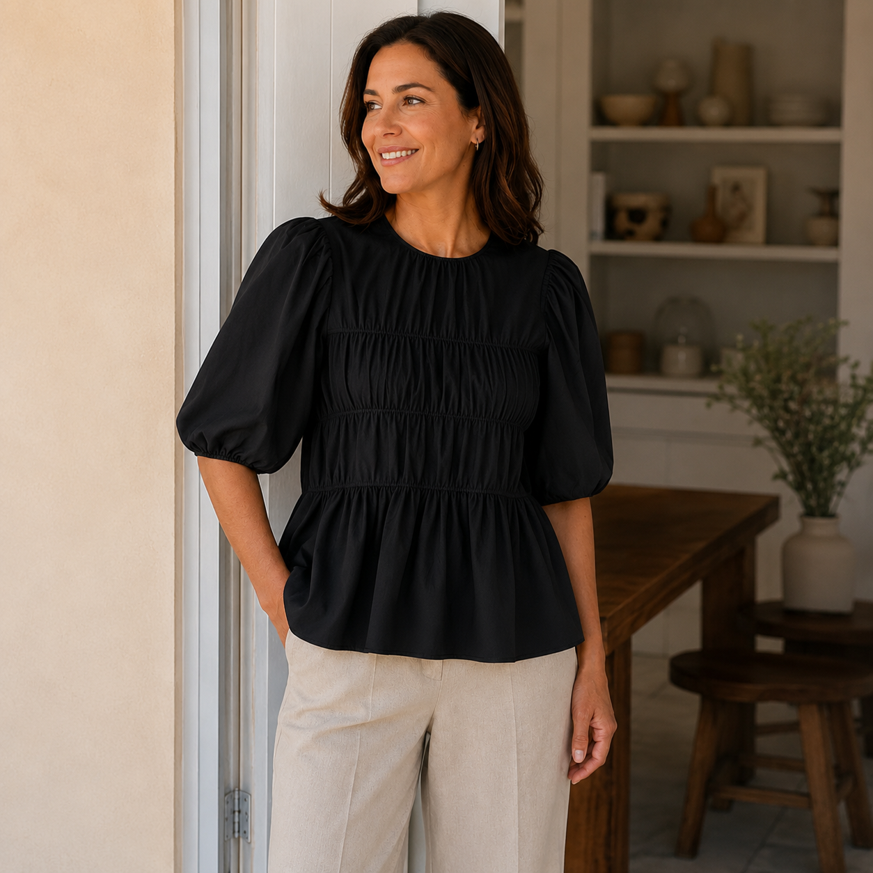 Colette - Blusa Holgada con Volantes y Cuello Redondo