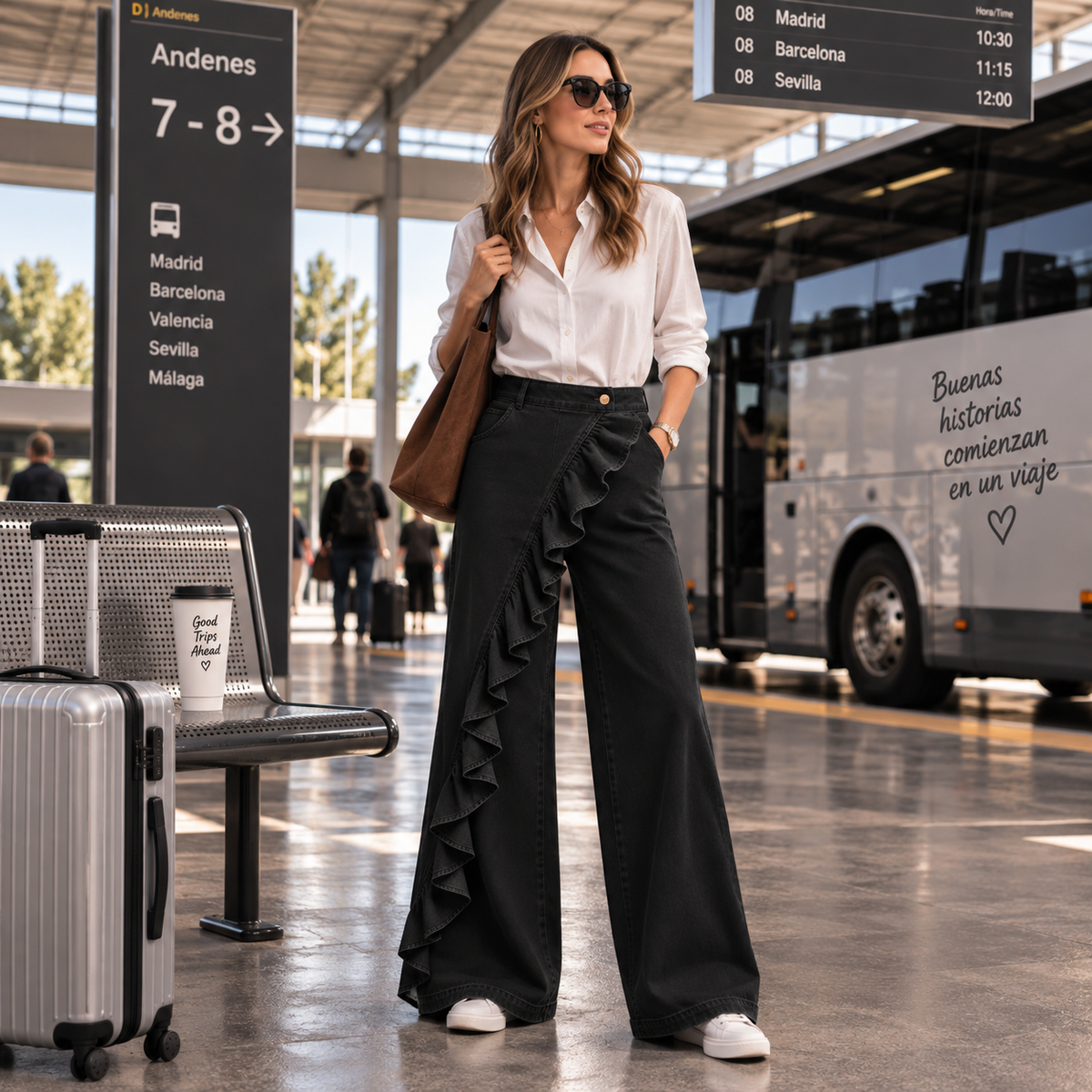 Liora - Pantalón Vaquero de Pierna Ancha con Volante