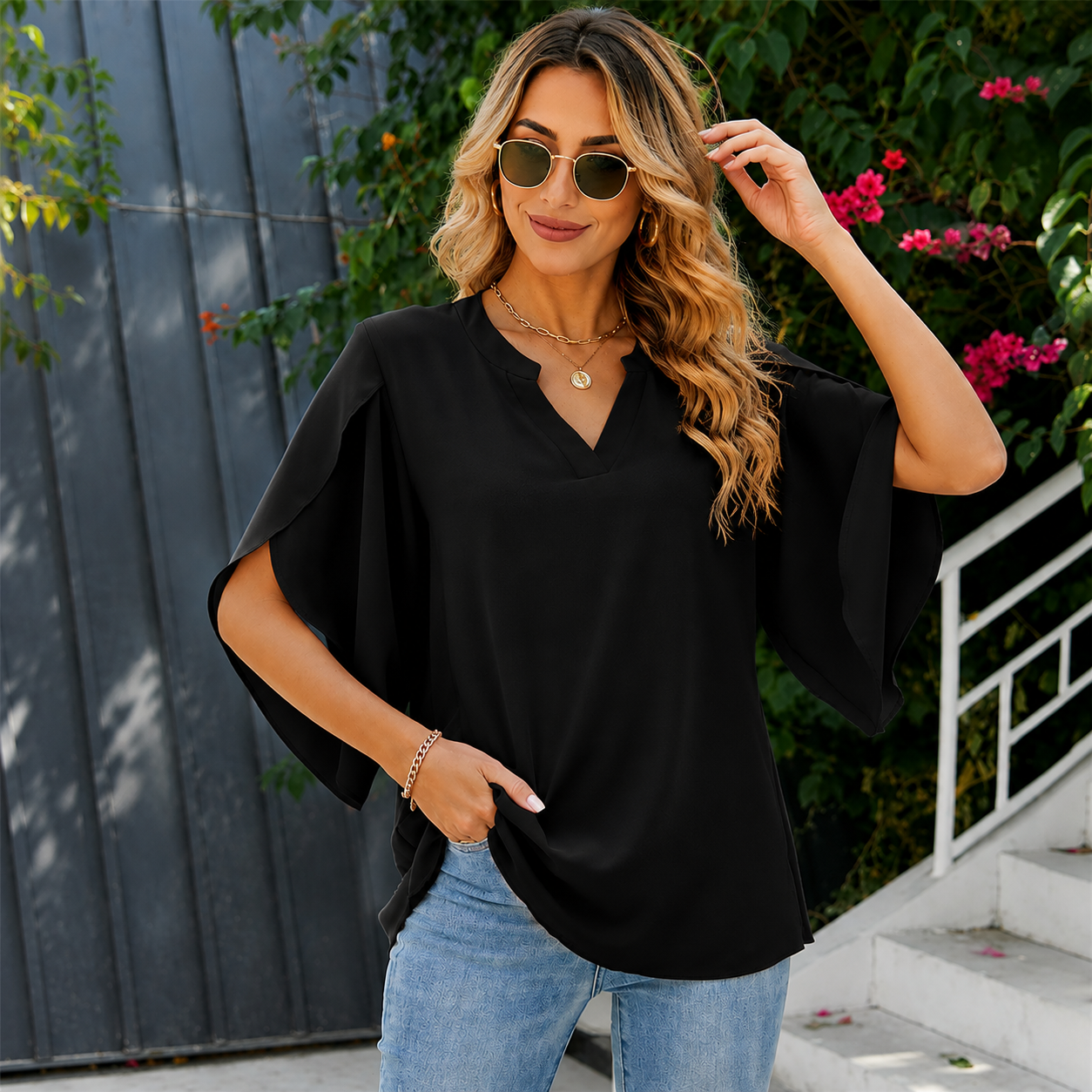 Nuvola - Blusa de Gasa con Cuello V y Manga Holgada