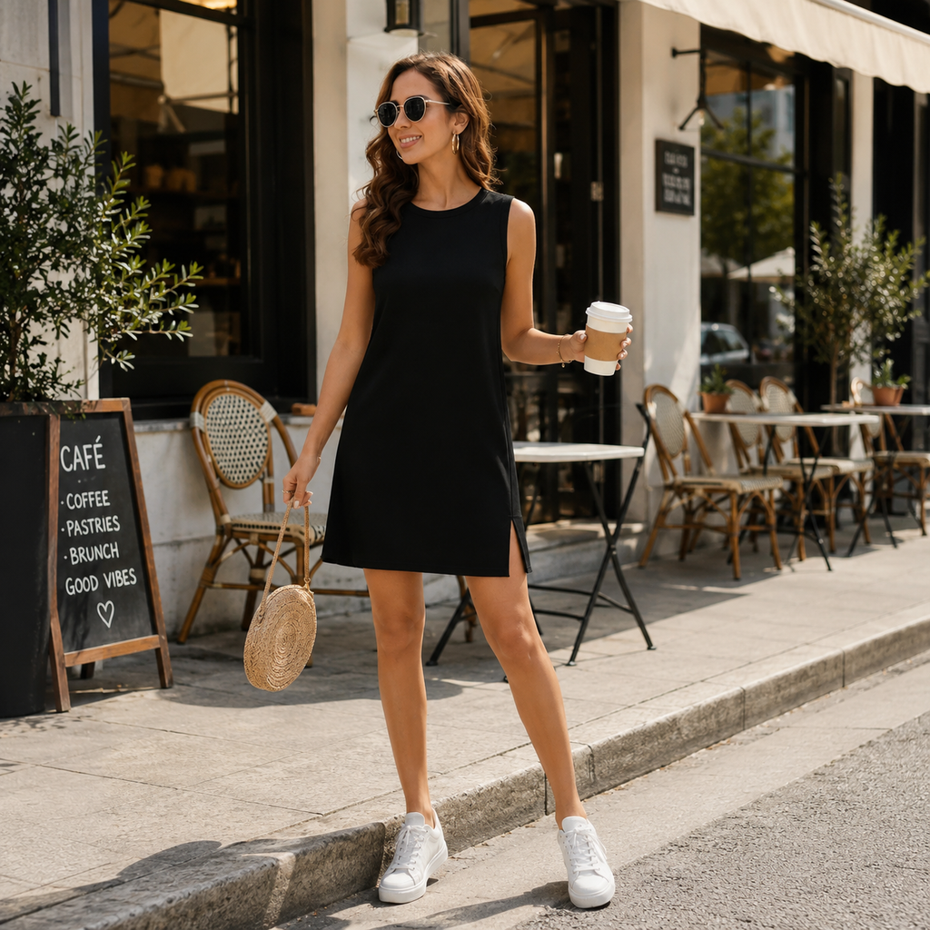Noir - Vestido Mini Negro sin Mangas con Abertura Lateral