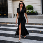 Victoria - Vestido Largo Elegante con Cuello Solapa y Abertura