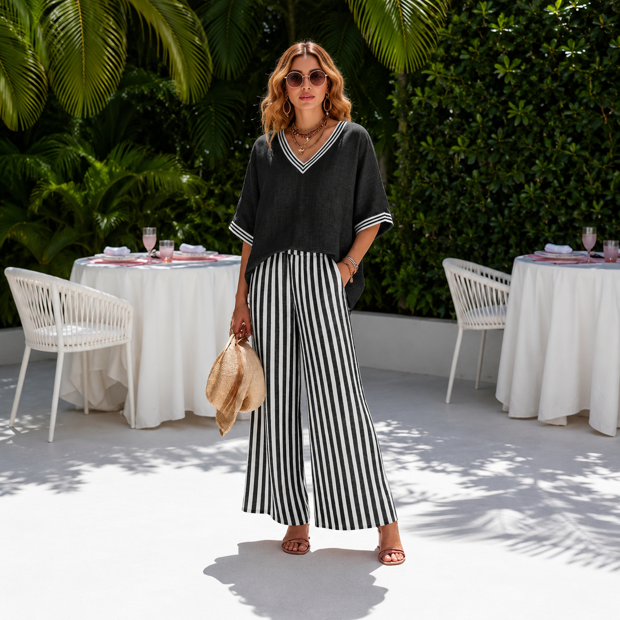 Capri - Conjunto de Top y Pantalón Ancho de Rayas