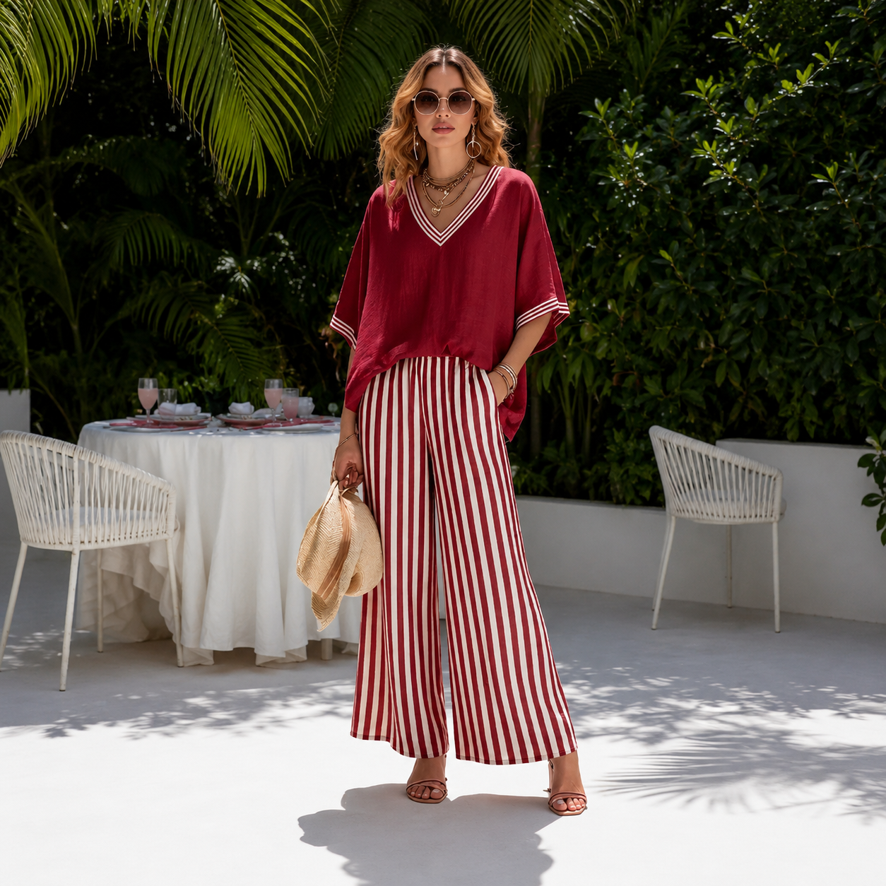 Capri - Conjunto de Top y Pantalón Ancho de Rayas