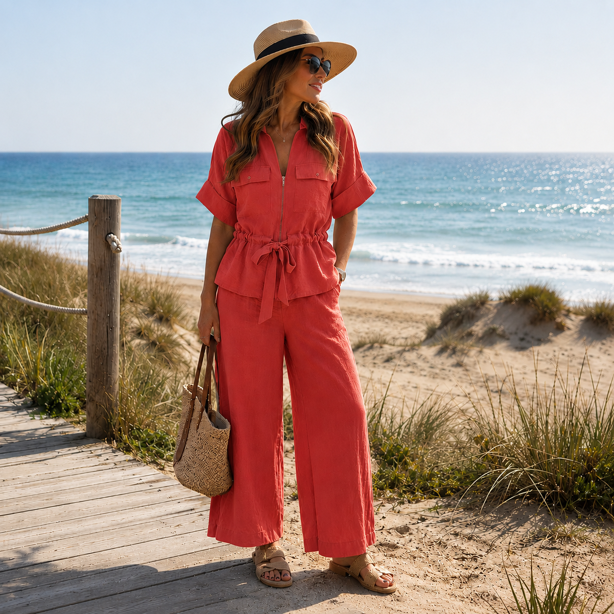 Toscana - Conjunto de Blusa con Lazo y Pantalón Ancho de Lino
