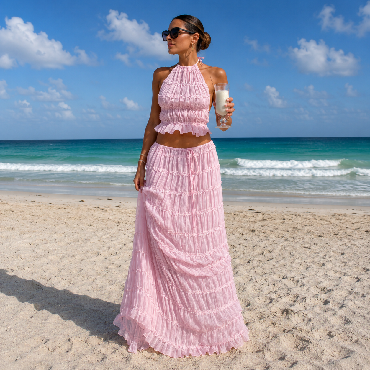 Ocean - Conjunto de Top Halter y Falda Larga Plisada