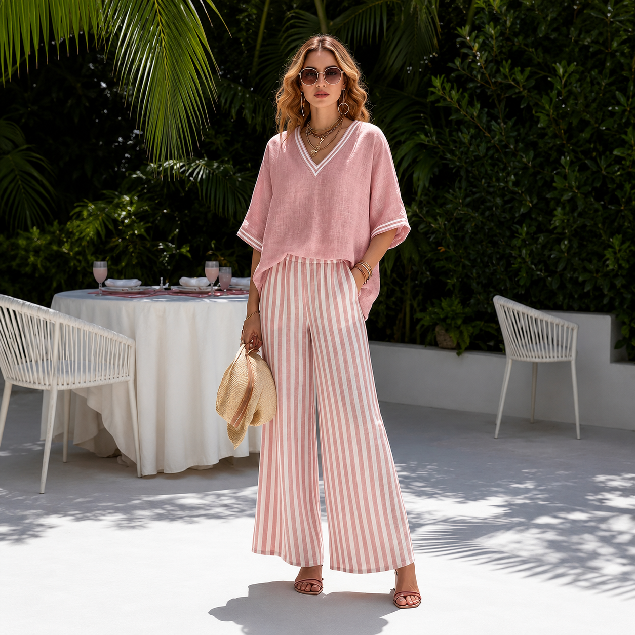 Capri - Conjunto de Top y Pantalón Ancho de Rayas
