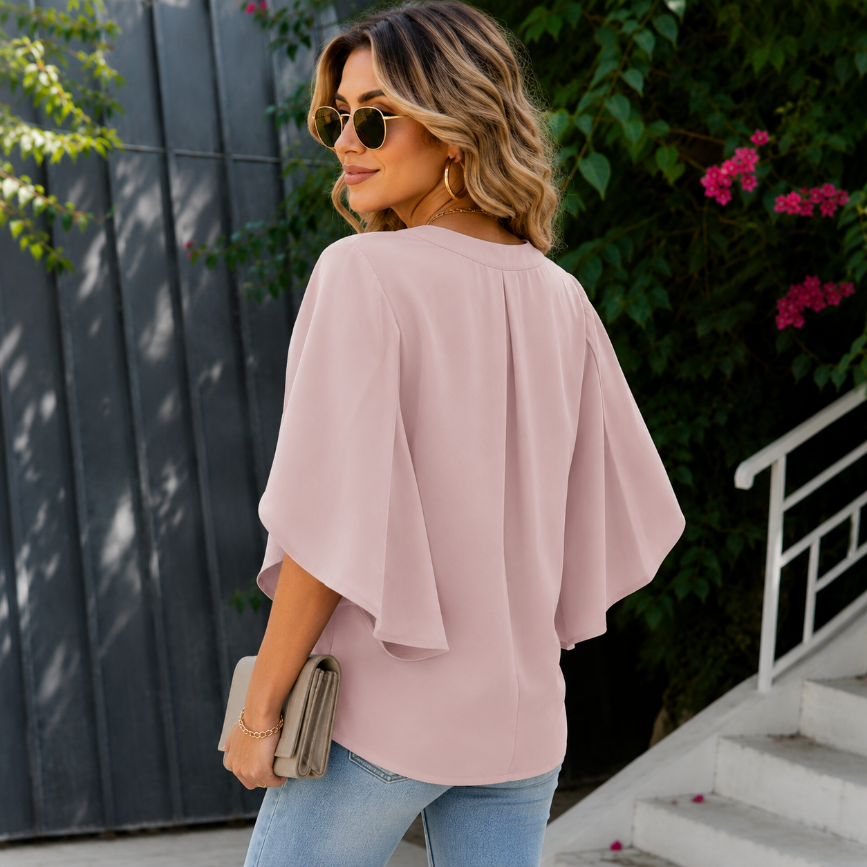 Nuvola - Blusa de Gasa con Cuello V y Manga Holgada