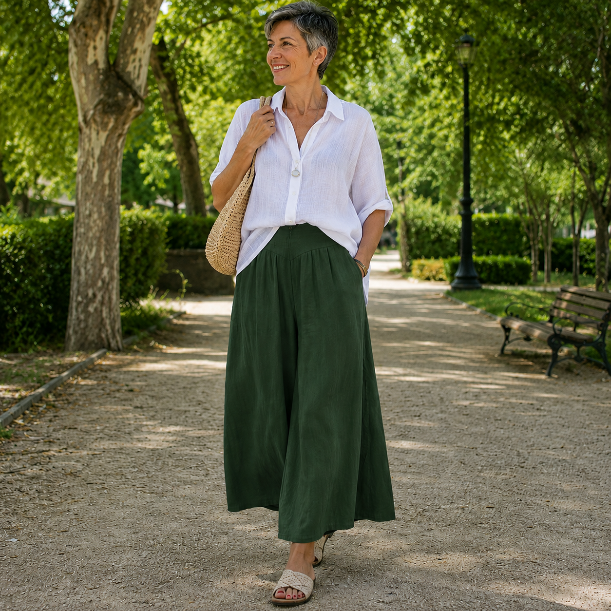 Palazzo - Pantalón Culotte Ancho de Lino con Cintura Alta