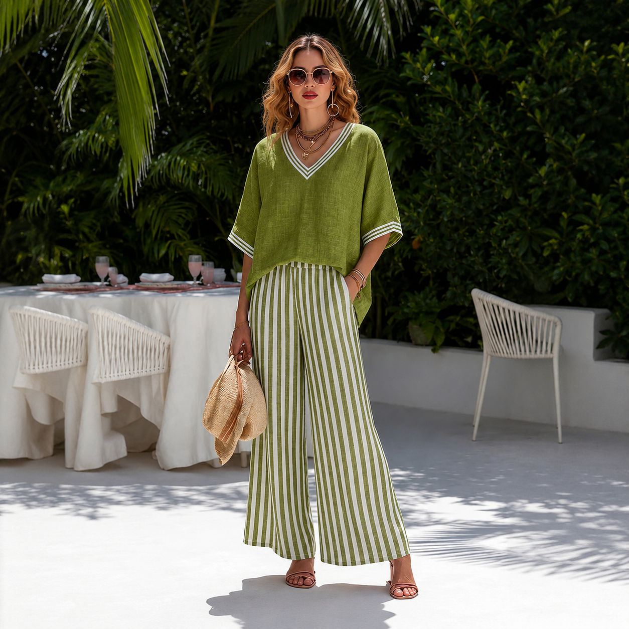 Capri - Conjunto de Top y Pantalón Ancho de Rayas